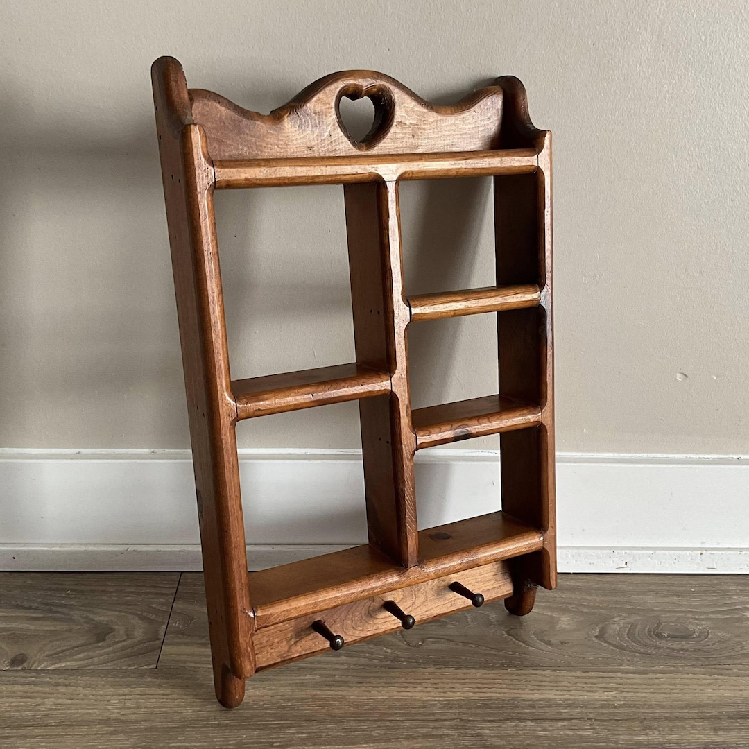 Shadow Box Shelf With Heart Vintage Wood Curio Display With 3 Hooks ...