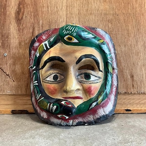 Vintage or Antique Mexican Folk Art Carved Wood Mask Wall Hanging