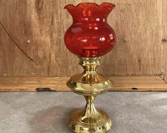 Vintage Brass Tea Light Holder, Red Glass Votive, Sanctuary Lamp, Hurricane Candle Holder, Made in England