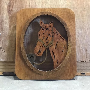Vintage Wood Liquor Horse with Bridle, Wall Hanging Art Signed