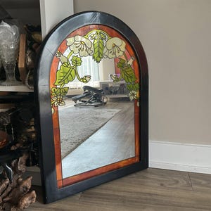 Vintage Stained Glass Style Mirror / Vintage Faux Stained Glass Mirror, Retro Home Decor / Parlor Looking Glass / Floral