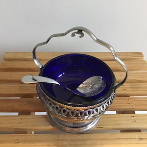 Vintage Cobalt Blue Glass Sugar Bowl in a Stainless Chrome Stand - Made in England, Glass Chrome Plated Pedestal w Spoon