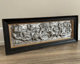 Vintage Thai Ramakien Battle Metal Relief Wall Art – Silver Tone Repousse Plaque