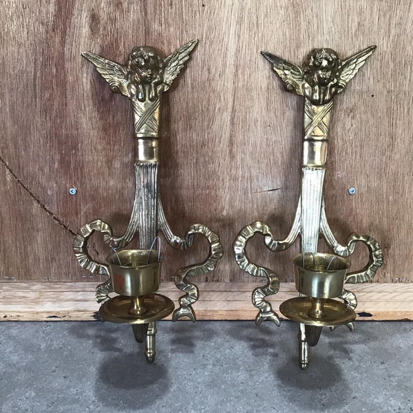 2 Brass Wall Sconces, Cherub / Angel Candle Holders, Candlestick Holder Wall Hangings