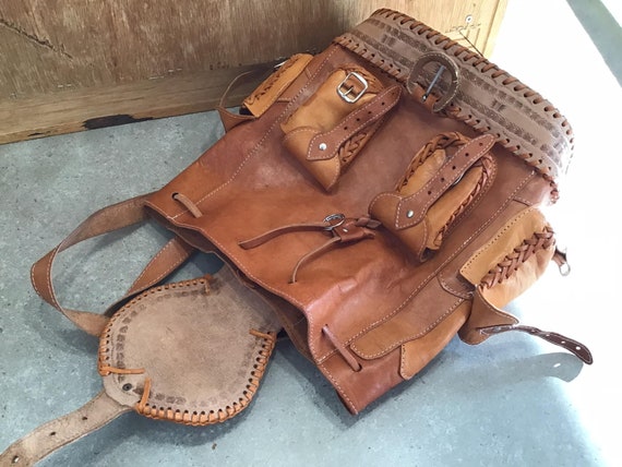 Vintage Tooled Leather Backpack: Braided Bohemian Dra… - Gem display picture 3