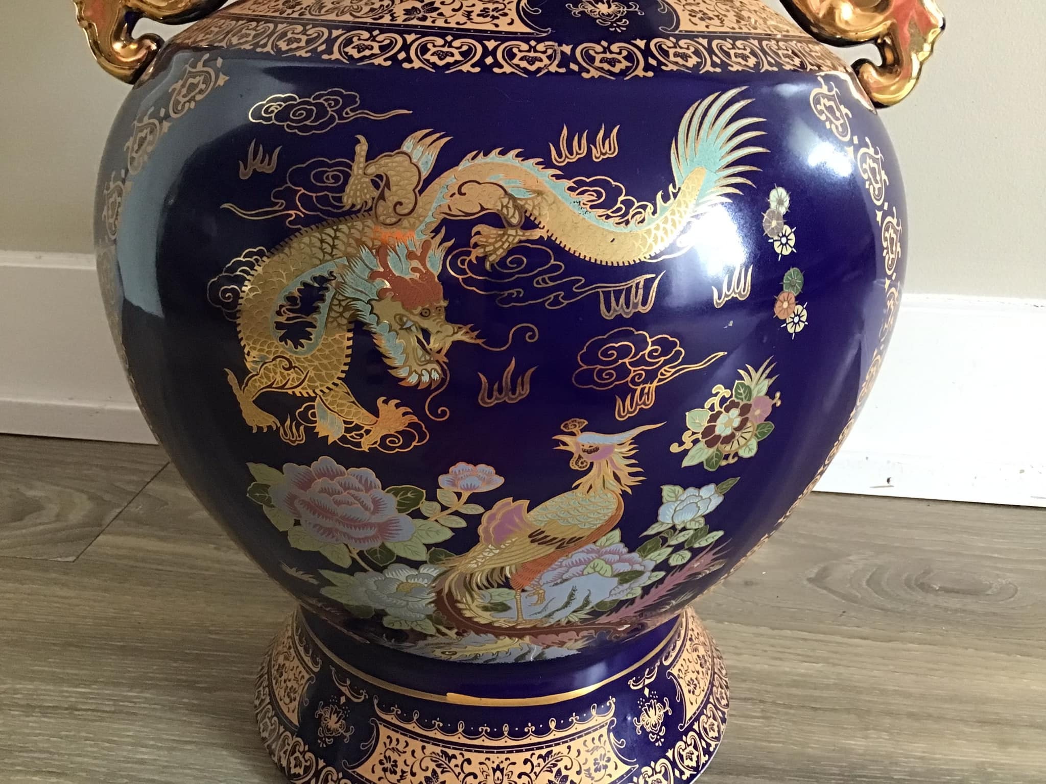 Vintage Chinoiserie Vase: Cobalt Blue, Gold Dragon & Peacock