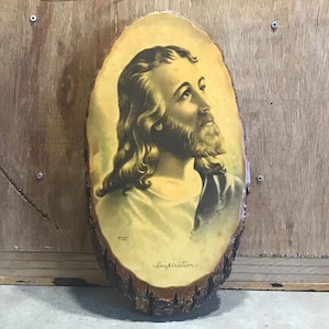 Vintage Jesus Inspiration Lithograph ,Vintage Wood Slab With Jesus Christ Print, Vintage Religious Art Plaque Jesus From 1942