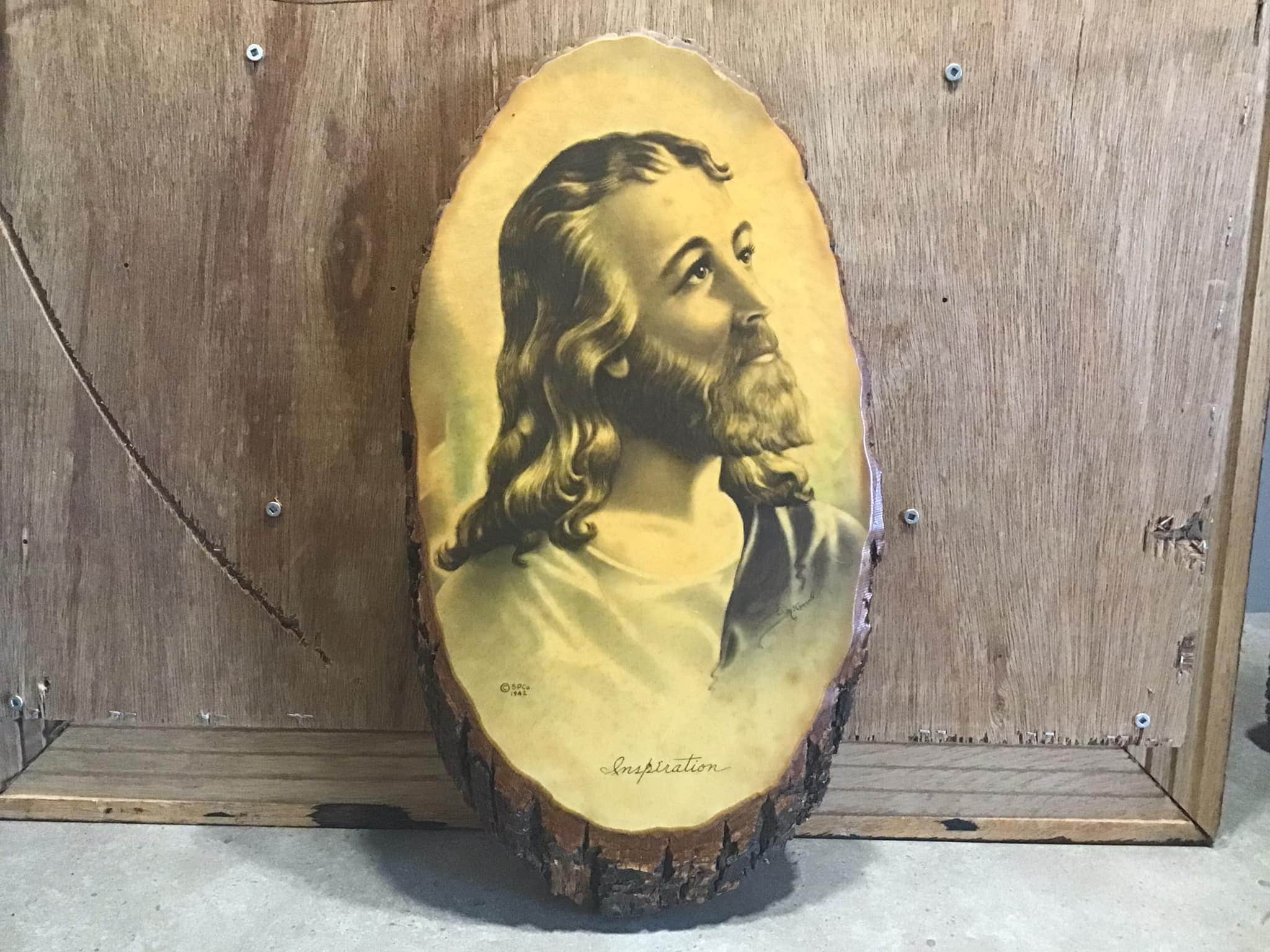 Vintage Jesus Lithograph on Wood Slab: 1942 Religious Art Plaque