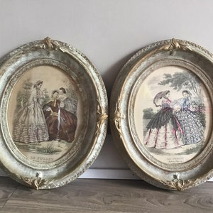 2 Antique or Vintage &quot;LE FOLLET&quot; Boulevart St. Martin French Pictures in Oval Wooden Frame