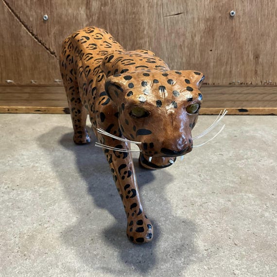 Vintage Leopard Sculpture Leather Wrapped Leopard Statue