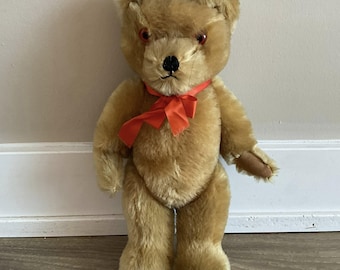 Vintage 1950s Golden Mohair Teddy Bear, Fully Jointed Antique Style Bear Amber Glass Eyes, Mid-Century Collectible Plush, Rare Steiff Style