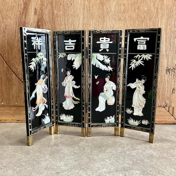 Japanese Black Lacquer Mother of Pearl Folding Screen - 4 Panel