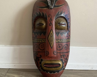 プレヒスパニックの木製マスク、マヤ文化、メキシコの壁画、手彫り