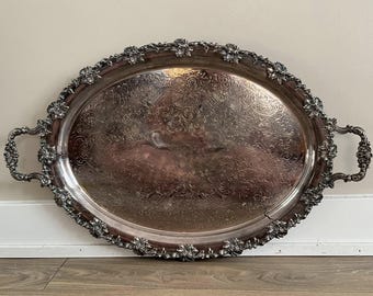 Vintage Silver Plated Serving Tray, Grape Vine Motif, Footed Platter, Sheffield Reproduction