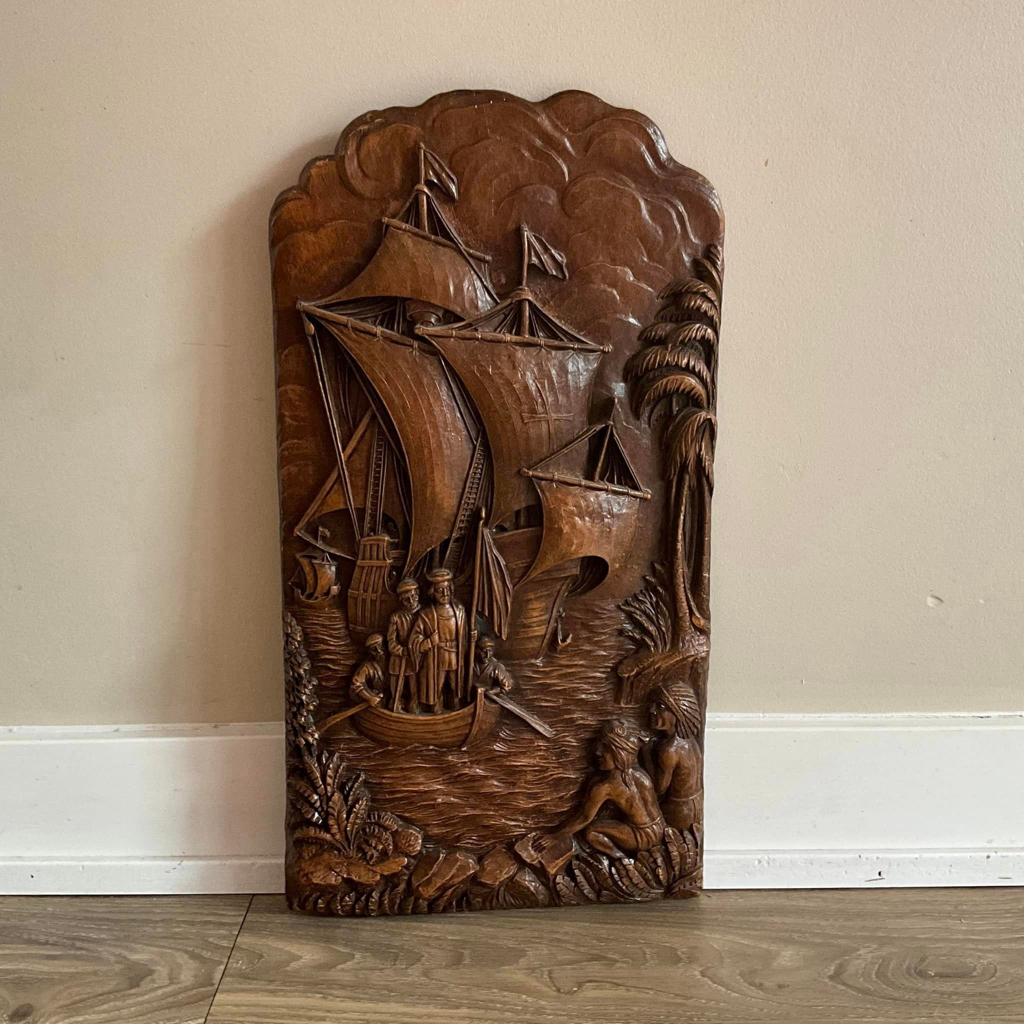 Antique Syroco Wood Bas Relief Christopher Columbus