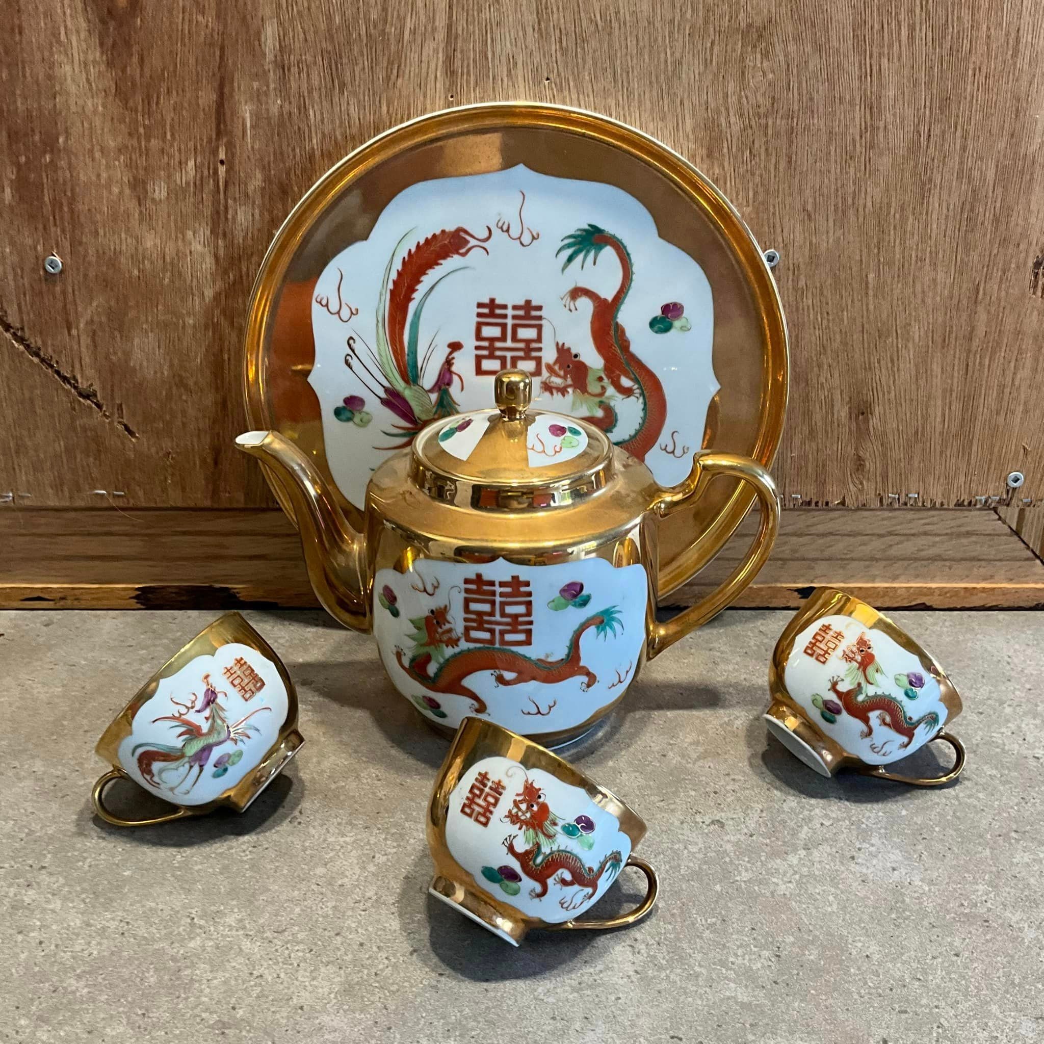 Vintage Chinese Dragon & Phoenix Tea Set: 22kt Gold Porcelain