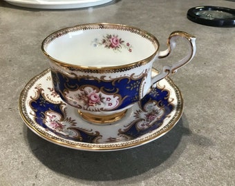 Vintage Paragon Tea cup and Saucer Set Cobalt blue and Gold with pink roses
