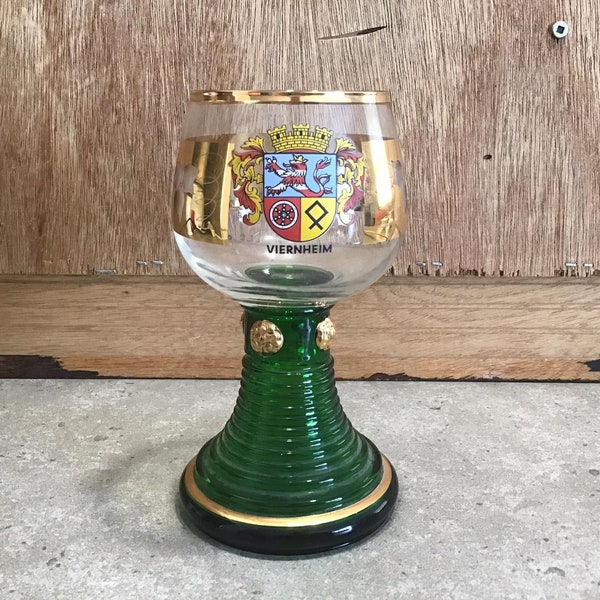 Vintage German Wine Glass Goblet Viernheim Green Beehive Stem Gold trim Grapes