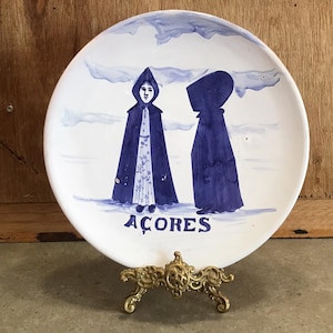 Vintage Azores Pottery Wall Plate Hand Crafted  Blue & White 10&quot;