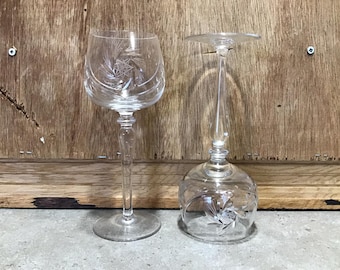 2 Vintage Cut Crystal Hand Blown Wine Glasses Pinwheel Hobstar Diamond Cut 7-3/4"