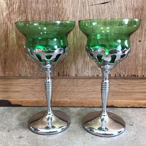 2 Stunning and Elegant set of 2 Cocktail Glasses with Chrome Stems Designed with Green Glass inserts.