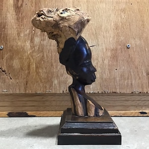 Vintage African Woman Sculpture 2 Tone Wood Bust African art