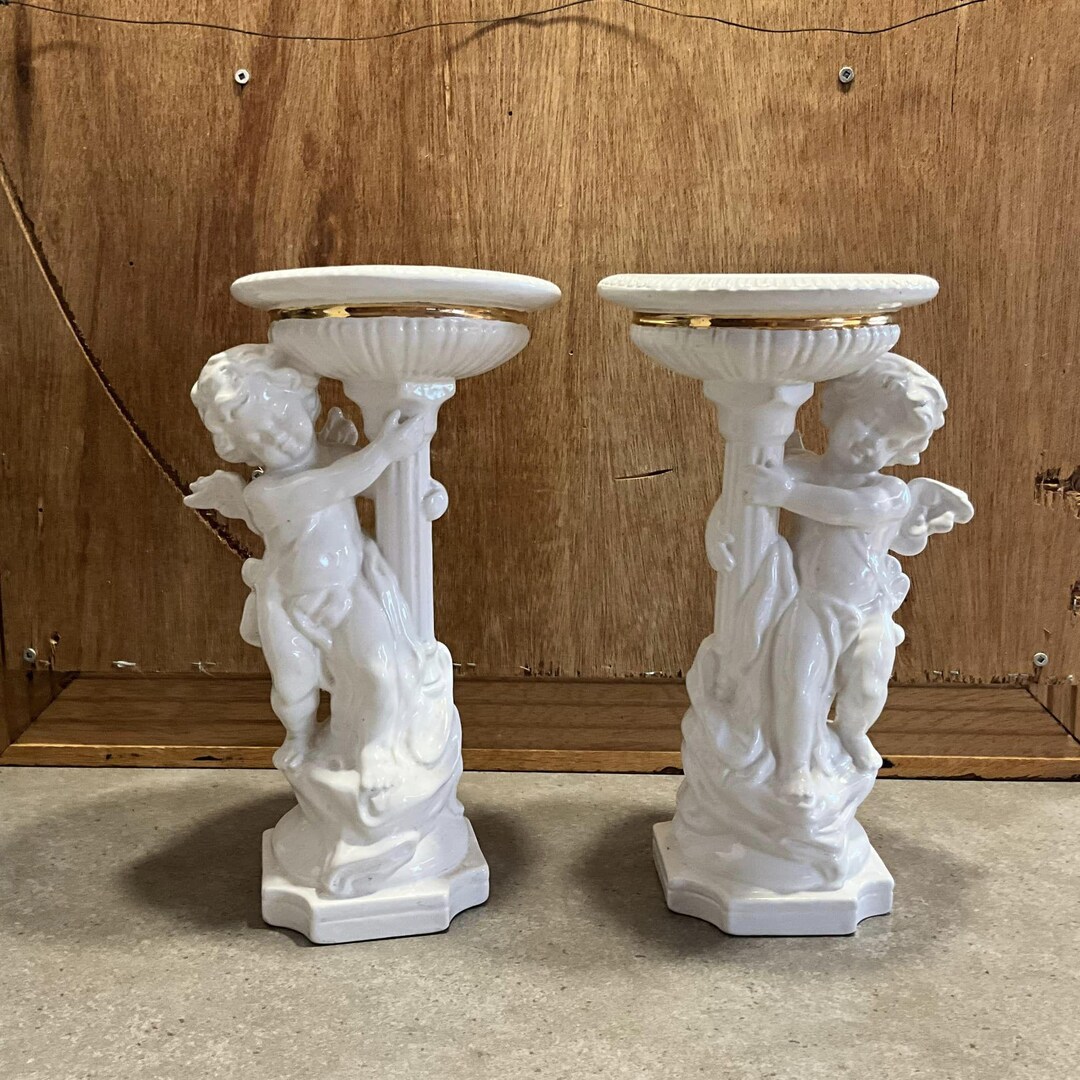 2 White Gold Cherub Candle Holders Ceramic Gloss 11" H - Etsy