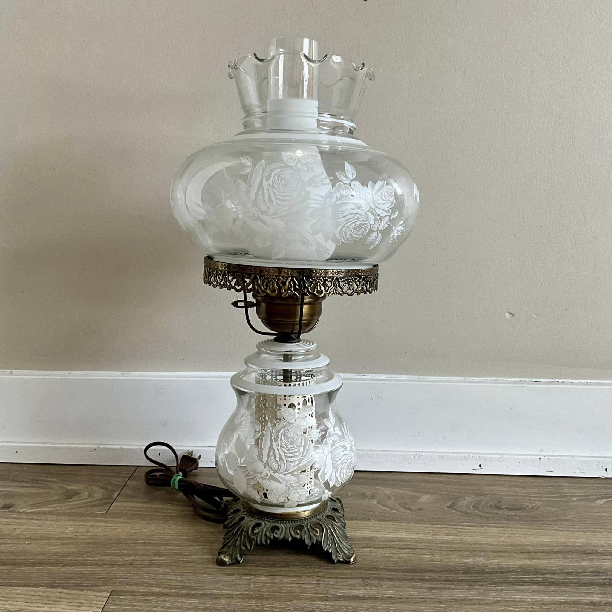 Vintage Clear Glass White Frost Roses Floral GWTW Gone With the