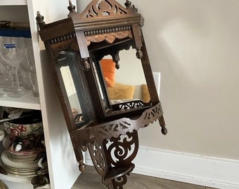 Early 20th Century Mirrored Reticulated Wooden Hanging Curio Corner Shelf