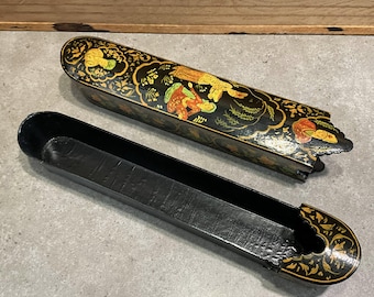 Vintage Persian Style Lacquer Pen Box, Hand-Painted Qalamdan sliding Case, Antique Style Middle Eastern Folk Art, Floral Miniature Scene