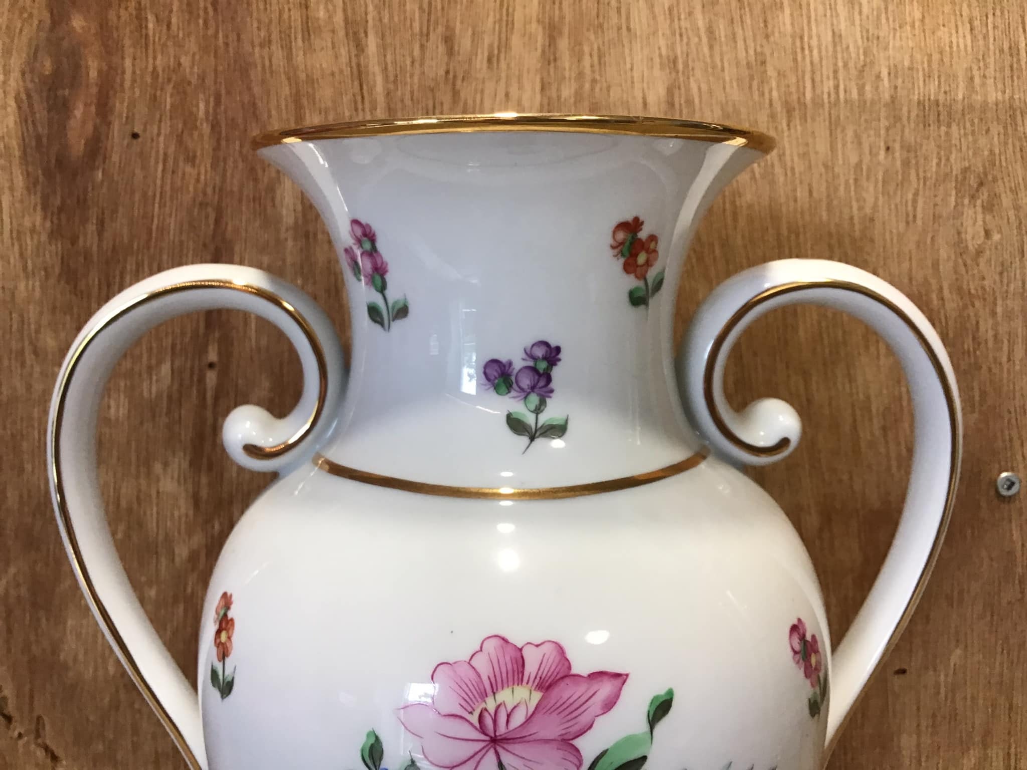 Vintage Hollohaza Porcelain Vase: Pink Flowers, Gold Trim, Cottage