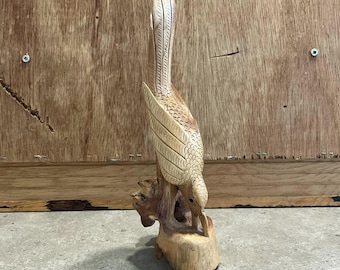 Tree Branch Carving Wooden Bird Sculpture, Vintage Hand Carved Wood Bird Statue 9” Tall