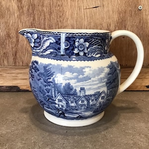 Vintage Woodland Wood Sons Pottery Burslem England Pitcher measures 5.5&quot; H, ENGLISH COUNTRYSIDE Scenery Blue White Hallmarked