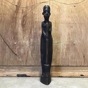 Vintage Wooden Tall Slim Female Figure with Mortar and Pestle, Hand Carved in Kenya