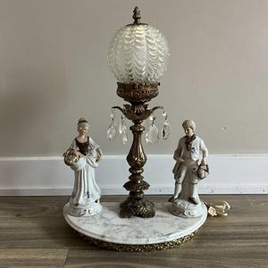 Porcelain Figurines Boudoir Globe Lamp, Figural Bedroom Lamp, Brass, Lady Man Figurine Lamp, Collectible Victorian style,  Antique