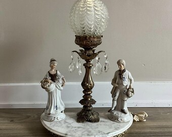 Victorian Style Porcelain Figurine Globe Lamp: Brass Boudoir Lamp