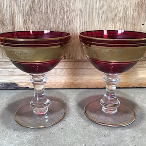 2 Vintage Bohemian Ruby Red & Gold Grapevine Goblets, Vintage Bohemian Czech Crystal Gold Grape Cocktail Glasses, Set of two, 1960s