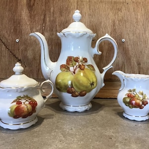 Vintage Set of 3 Coffee Pot with cream and sugar bowl with lid Fruit Nuts Gold Bavaria Germany