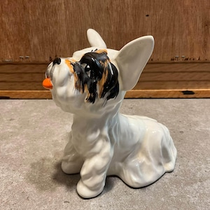 Vintage Crown Devon England Ceramic Terrier Dog Figurine, Kitsch Sitting White Scottie Puppy Statue with Orange Tongue, British Art Pottery