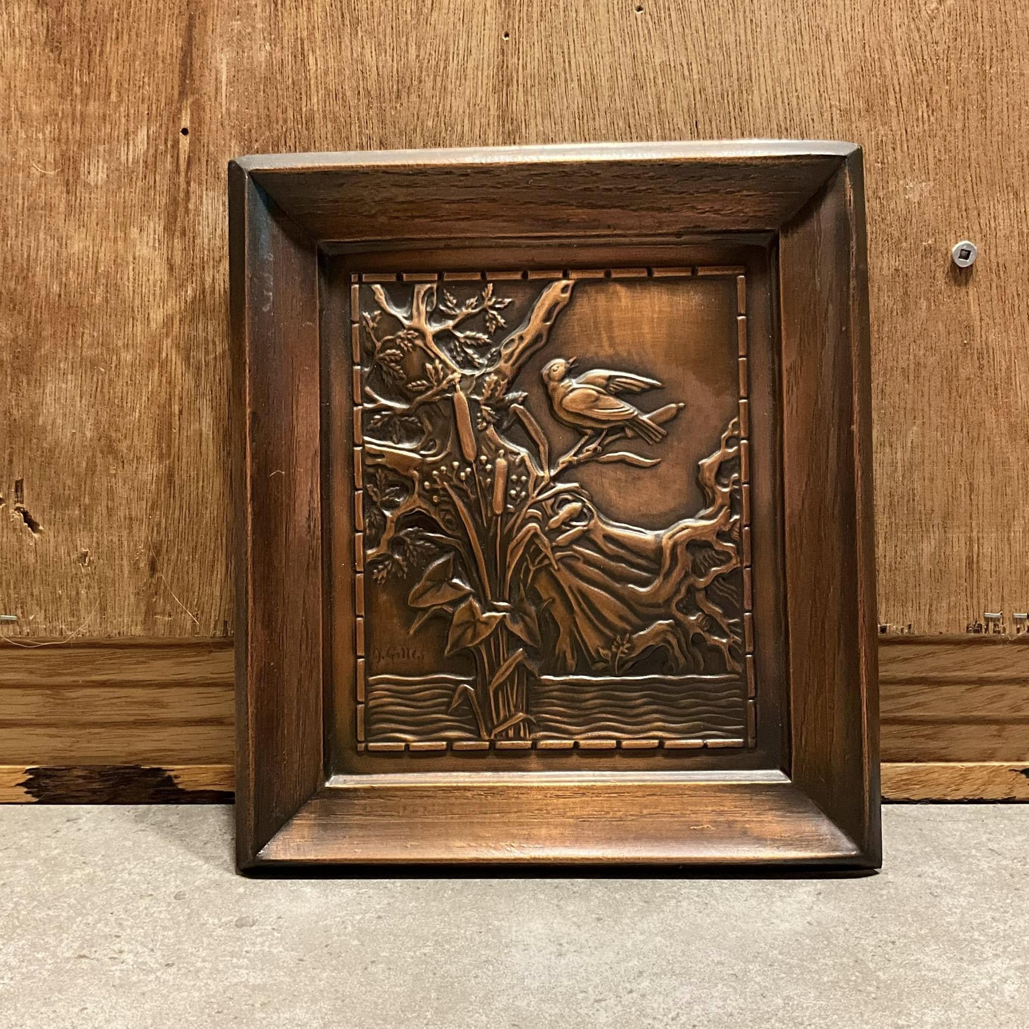 Vintage Copper Embossed Wall Hanging Art Plaque Bird Albert Gilles