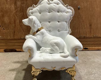 Vintage Porcelain Dog in Armchair Statue, White Bisque Dog on Tufted Throne, Gold Accented Canine Decor, Hollywood Regency Style