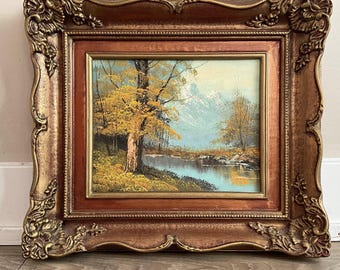 Vintage Oil Painting River Scene, Signed Impressionist Artwork, Ornate Gold Frame
