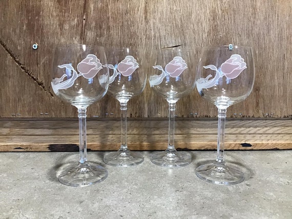 4 Wine Glasses With Pink Tulip Design Frosted Flower Wine 
