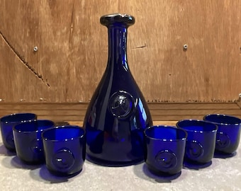 Vintage Holmegaard Viking Decanter Set, Cobalt Blue Glass with Silver-Toned Rim, Rare Ole Winther Danish Design, MCM Barware Set /6 Glasses