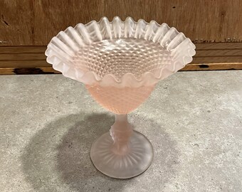 Vintage Frosted or Satin Pink Ruffled Glass Pedestal Bowl