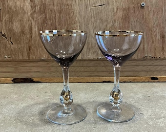 Vintage Lot of 4 Gold Rimmed Jozef Stanik Amber Cordial Glasses
