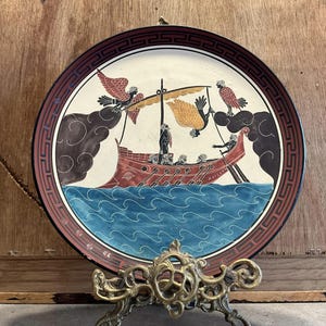 Antyczny talerz ścienny Odyseusz i Syreny: ręcznie robiona grecka ceramika artystyczna (11 cali)