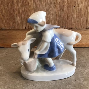 Vintage Porcelain &quot;Young Girl Feeding Cow&quot; figurine Attributed to GDR Gräfenthal