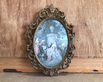 Vintage Victorian Metal Frame with Silk Picture Made in Italy