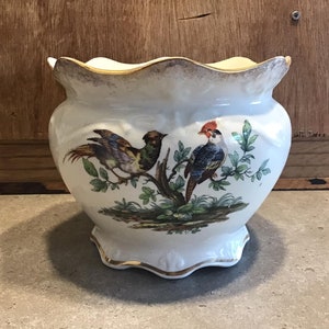 Antique Adelaide Exotic Bird Motif Pot Planter Gold Trim Made in England